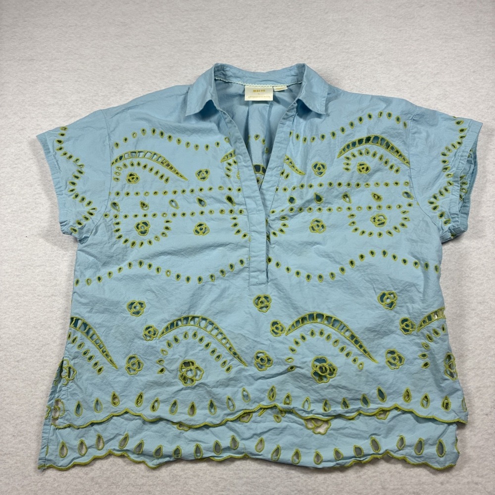 Maeve Anthropologie Short Sleeve Boxy Eyelet Blouse Blue Medium Vneck Collar Top